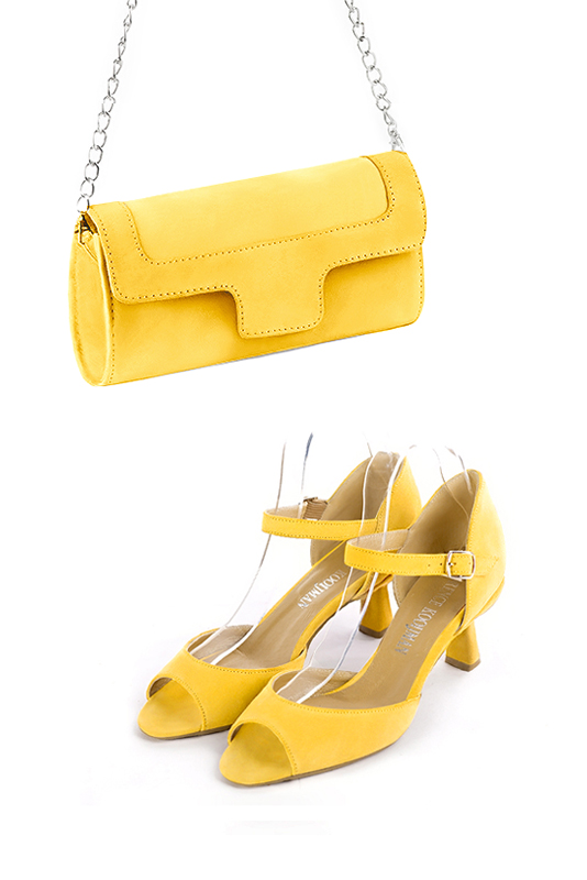 Dress clutch for wedding and parties in yellow leather - Worn view